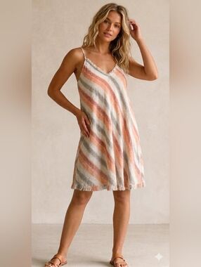 Gilli Striped Boho Sleeveless Dress With Fringe hem Sz L